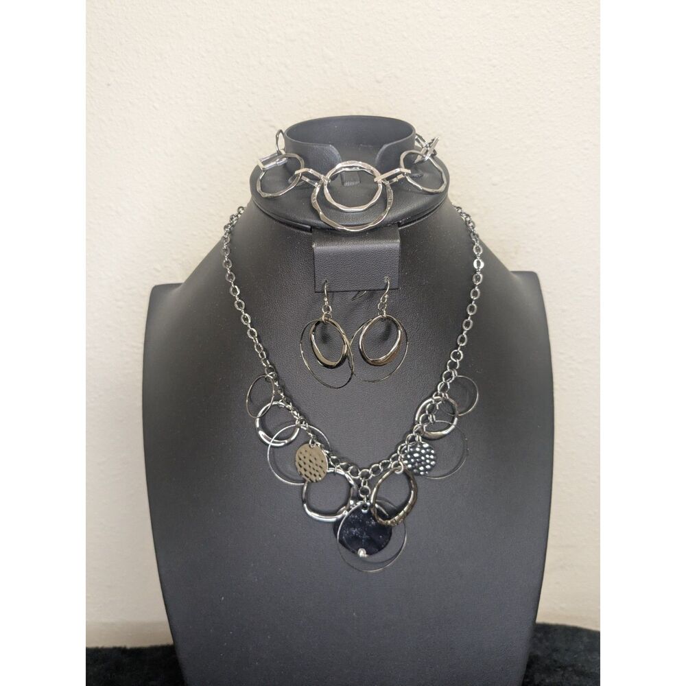Interconnected Circle Jewelry Necklace Earring Bracelet Set Gunmetal Gray Finish